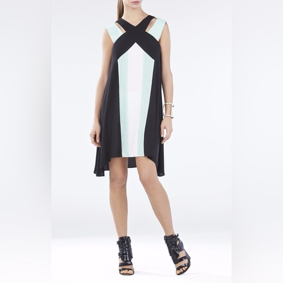 BCBGMaxAzria Colorblock Formal Slip Dress Wedding Victorian Romantic Black Green - Picture 2 of 6